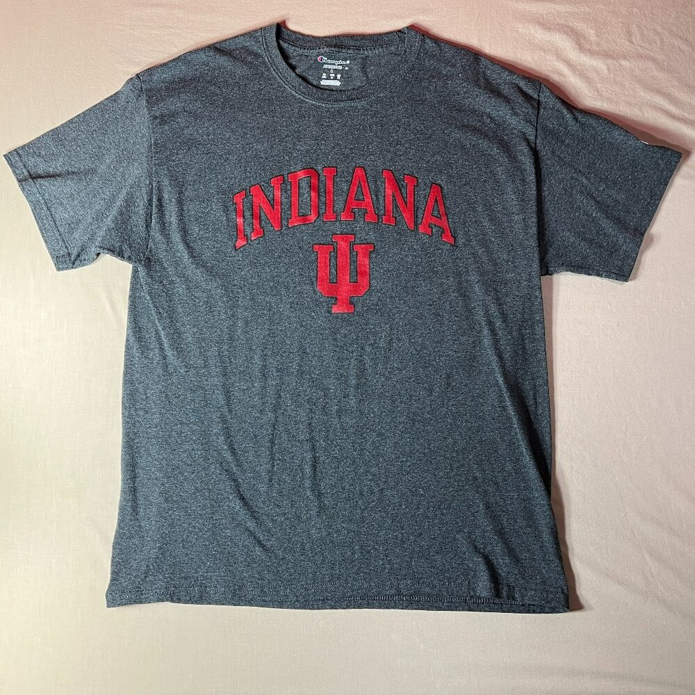 Gray Champion brand t-shirt with "INDIANA" printed in red, with red IU trident l